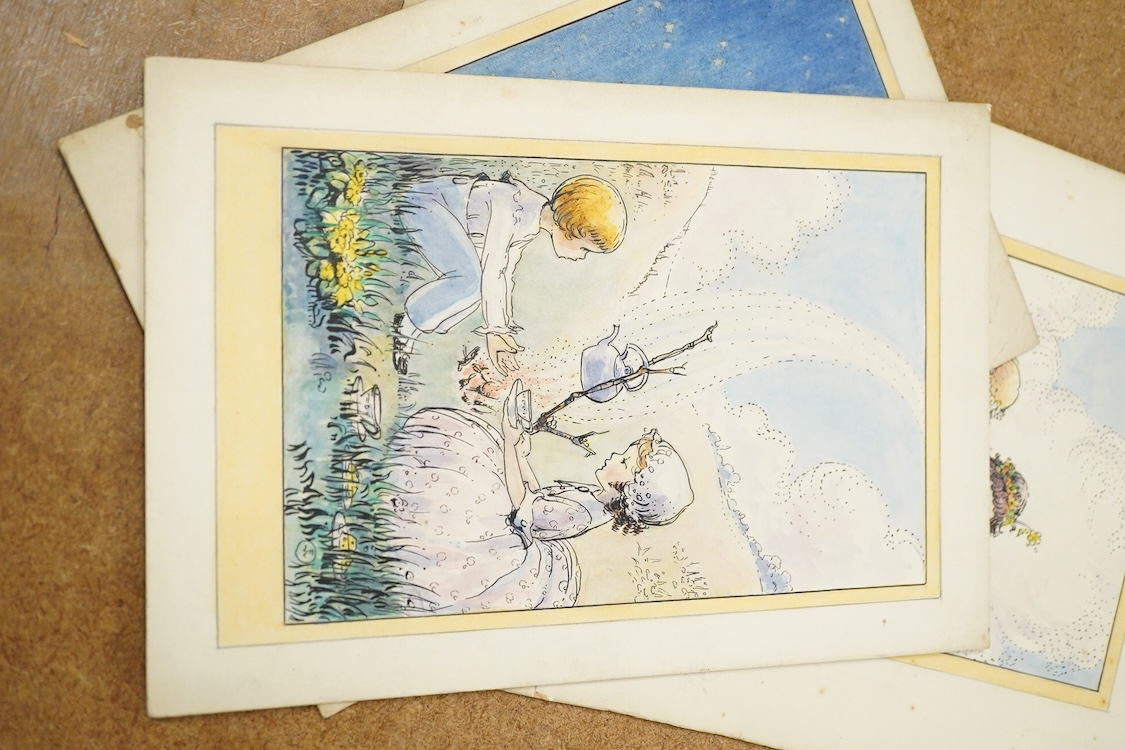 Flora White, Set of six original watercolours for children's postcard designs, to include Fairies and Children, each monogrammed, watercolours on card, unframed, largest 27 x 17cm